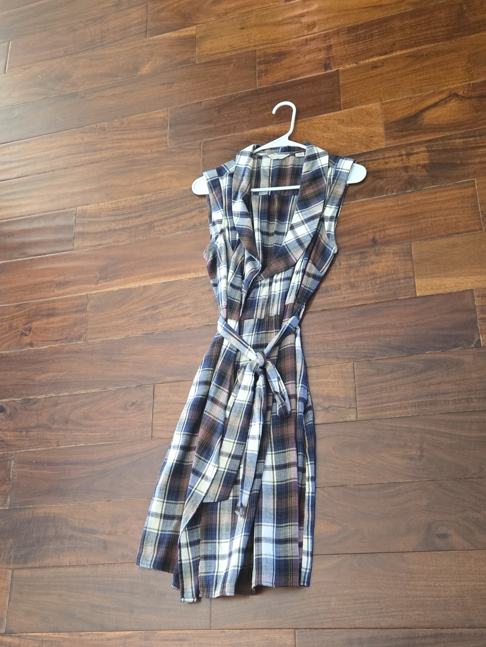 Sleeveless Plaid Wrap Midi Dress in Brown and Cream